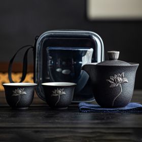 One Pot Two Cups Ceramic Portable Tea Set (Color: Black)