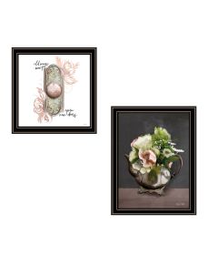 Artisan House Fenway "Vintage Floral Tea Pot & Door Knob" 2-Piece Vignette Ready to Hang Framed Print (Pack of 1) Black Frame (Color: as Pic)